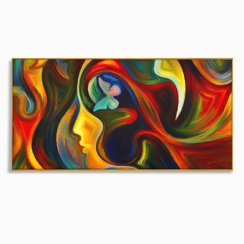 Tablou canvas cu pictura abstracta cu profil uman si fluturi, in rama de aluminiu auriu